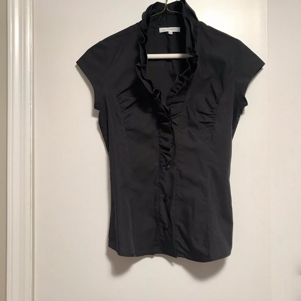 Nara Camicie Black Sateen Front Ruffle Cap Sleeve